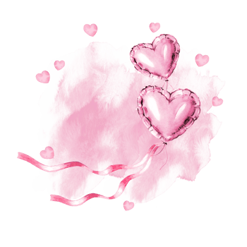 watercolor hand drawn composition with pink and metallic foil air balloons, heart shape metallic balloon for Valentine day, sketch of event decoration on watercolor pink background png