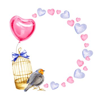 watercolor composition with golden bird cage, cute bird, a ribbon in the shape of a heart and pillows in the shape of a heart, hand drawn sketch for valentine's day, birthday and kid's party png