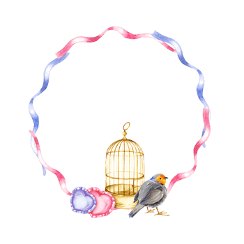 watercolor wreath from pink and lilac ribbons, golden bird cage, cute bird, pillows in the shape of a heart, hand drawn illustration for valentine's day, birthday and kid's party, sketch png