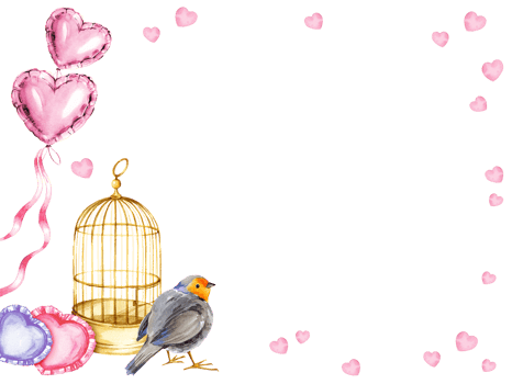 watercolor frame with golden bird cage, cute bird, pink and metallic foil air balloons, heart shape metallic balloon, pink hearts, hand drawn sketch for valentine's day, birthday, kid's party, wedding png