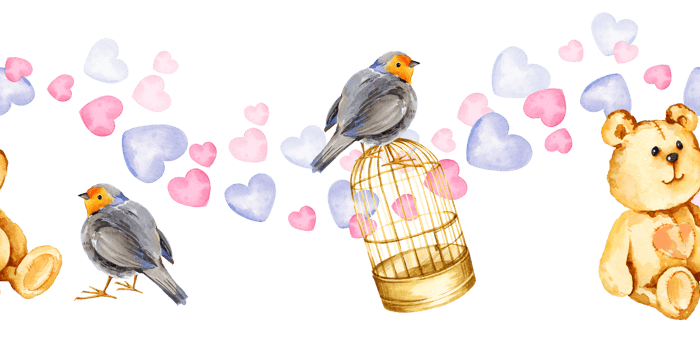 watercolor seamless border with golden bird cage, cute bird, funny bear toy, pink and lilac heart, hand drawn sketch for valentine's day, birthday and kid's party png
