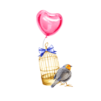 watercolor composition with golden bird cage, cute red breasted bird, knotted blue ribbon with bow, red air shape of a heart balloon, hand drawn sketch, illustration for valentine's day, birthday png