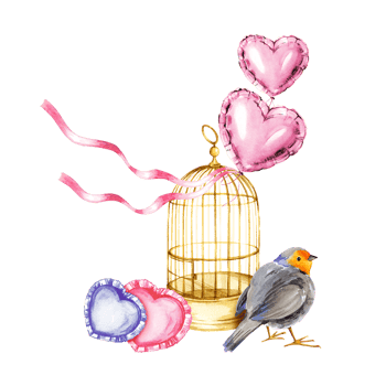 watercolor composition with golden bird cage, cute red breasted bird, pillows in the shape of a heart, foil air balloons in the shape of the heart, hand drawn sketch for valentine's day, birthday png
