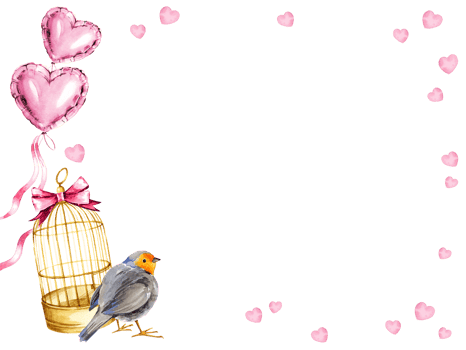 watercolor frame with golden bird cage, cute bird, pink and metallic foil air balloons, heart shape metallic balloon, pink hearts, hand drawn sketch for valentine's day, birthday and kid's party png