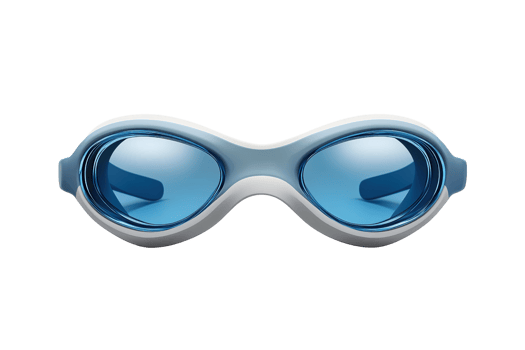 Front view of blue-tinted swim goggles with transparent lenses on transparent background, ideal for swimming and water sports enthusiasts. png