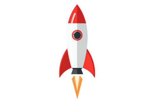 Illustration of a red and white cartoon rocket launching with orange flames, symbolizing space exploration and adventure. png