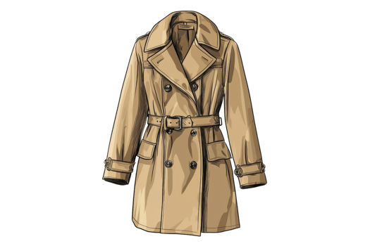 Illustration of a classic beige trench coat with belt and buttons, showcasing timeless fashion and outerwear elegance against a transparent background. png