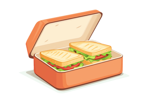 Illustration of a lunchbox containing two grilled sandwiches with lettuce and tomato, ideal for healthy eating concepts and meal prep visuals. png