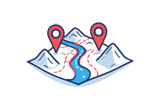Illustration of a topographic map with mountains and GPS location markers, symbolizing navigation and exploration. png