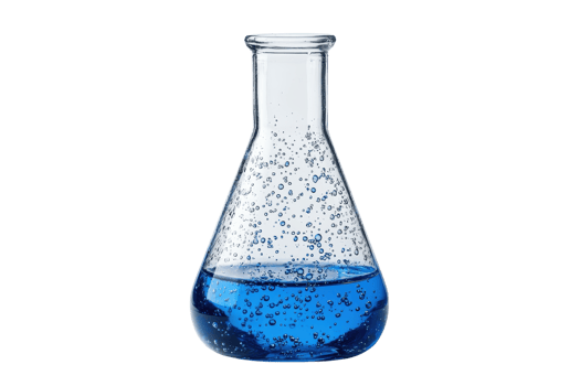 Laboratory flask with blue liquid and bubbles isolated on transparent background, ideal for science, chemistry, and research-themed projects. png