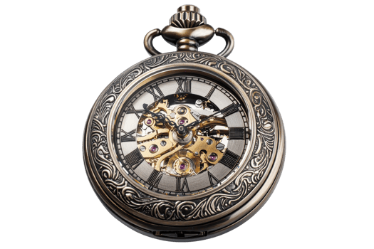 Elegant vintage pocket watch with intricate design and exposed gears, symbolizing the art of timekeeping and mechanical craftsmanship. png