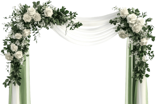 Elegant wedding arch adorned with lush white roses and greenery, perfect for ceremonies and romantic outdoor events. png
