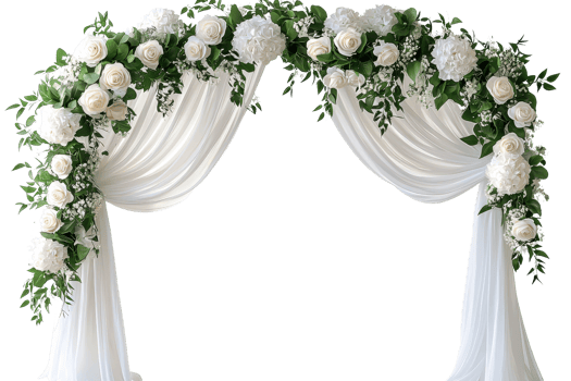 Elegant white floral wedding arch adorned with roses and greenery. Perfect for ceremonies, events, and celebrations. Romantic decoration. png
