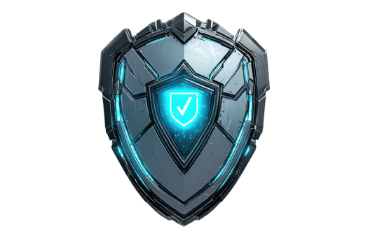 Futuristic digital shield icon with a glowing blue checkmark, symbolizing cybersecurity protection and technology defense design. png