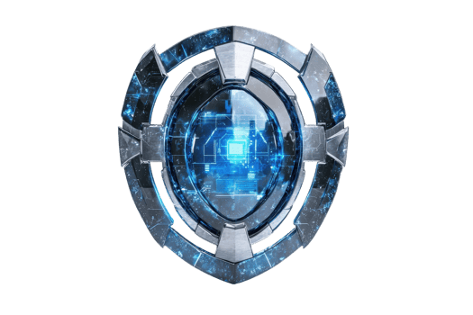 Futuristic blue digital shield design with glowing core, symbolizing cybersecurity, protection, and technology innovation. png