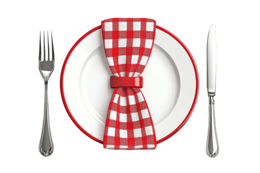 Elegant table setting with red checkered napkin, white plate, silver cutlery on transparent background. Ideal for dining or restaurant themes. png