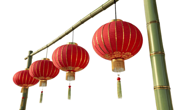 Group of Chinese red lanterns hanging from a bamboo pole png