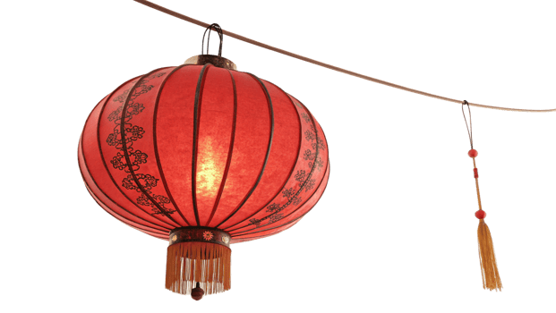 Single Chinese red lantern hanging from a thin string, isolated png