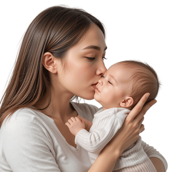 Close-up image of a mother gently kissing her sleeping baby on transparent background png