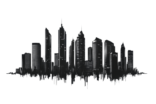 Monochrome cityscape silhouette featuring skyscrapers and urban landscape, reflecting creative architecture and modern skyline design. png