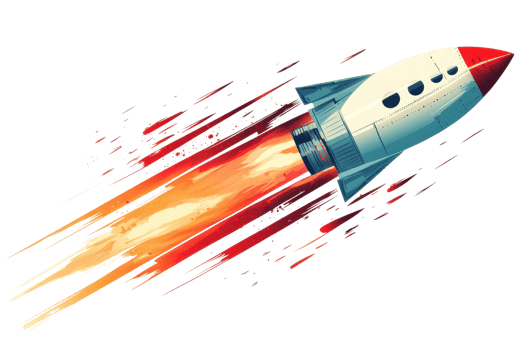 Retro-style illustration of a rocket launching into space with blazing flames, symbolizing innovation, adventure, and the spirit of exploration. png