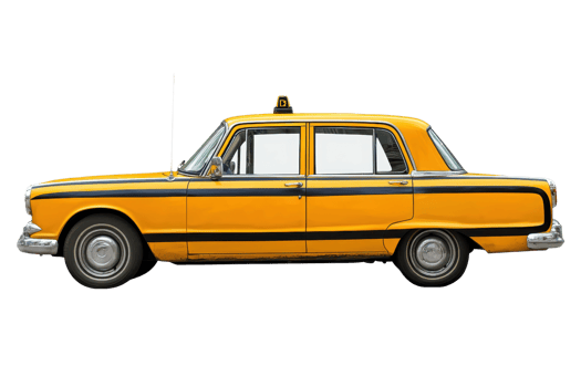 Side view of a classic yellow taxi against a transparent background, showcasing vintage automobile design and urban transportation. png