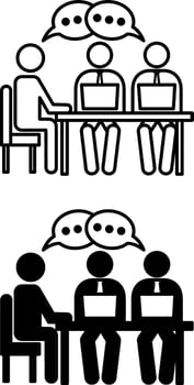 Meeting Icons. Black and White Icons. Boss Holds Meeting with Employees. People Sit at the table, talking and working on their laptops. Office Concept vector