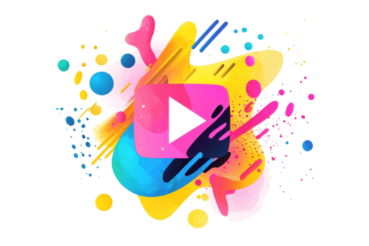 Vibrant abstract art with colorful splash patterns surrounding a central play icon, representing creativity and media innovation. png