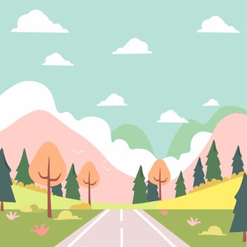 Background of the landscape. The road in the green valley, mountains, hills, clouds and the sun in the sky. Flat style of illustration of spring or summer nature. vector