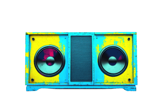 Retro speaker with vibrant blue and yellow paint, featuring dual speakers and central mesh panel, exuding vintage charm and colorful style. png