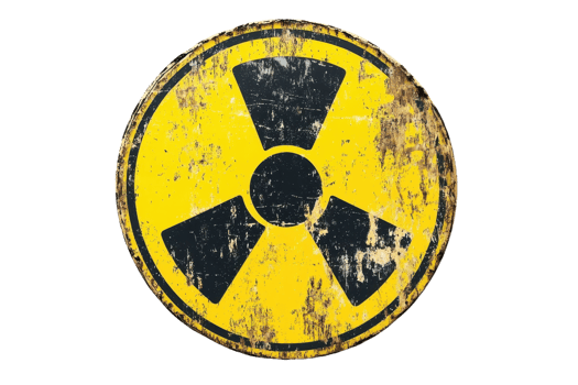 Rusty nuclear radiation warning sign with yellow background and black symbol, highlighting industrial hazard, decay, and safety concerns. png