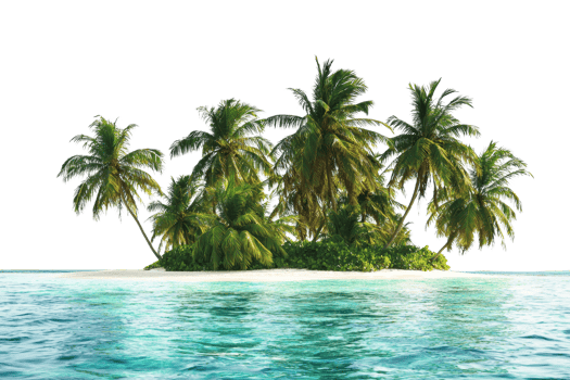 Tropical island paradise with lush palm trees surrounded by crystal clear turquoise waters under a bright blue sky. Perfect for vacation dreams. png