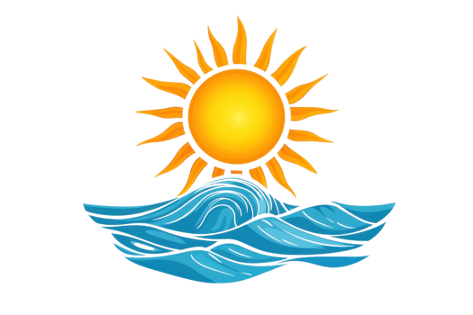 Vibrant sun over blue wave illustration, symbolizing sunshine, energy, and tranquility. Perfect for summer, beach, or nature themes. png