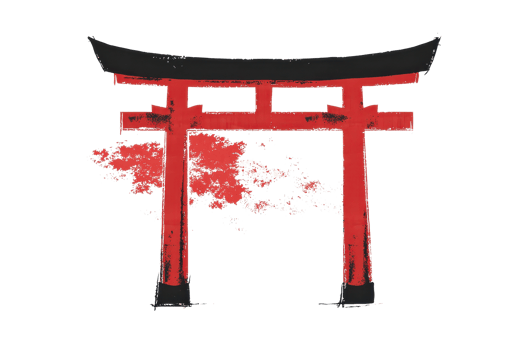 Watercolor illustration of a traditional red torii gate with cherry blossoms, symbolizing Japanese culture and tranquility in nature. png