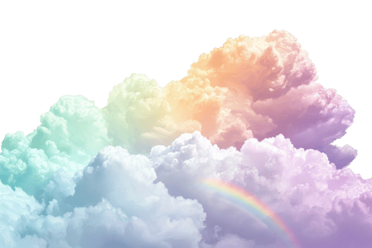Vibrant, fluffy clouds with a pastel rainbow arching through, creating a serene and dreamy sky scene, perfect for whimsical design projects. png