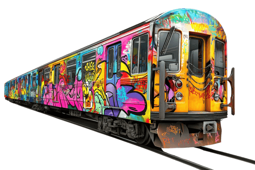 Vibrantly painted train in urban setting, covered in colorful graffiti art. Captures street culture and creative expression on transportation. png