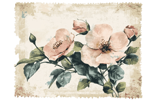 Vintage floral illustration featuring pink flowers and green leaves on a textured background, showcasing a nostalgic, elegant botanical design. png