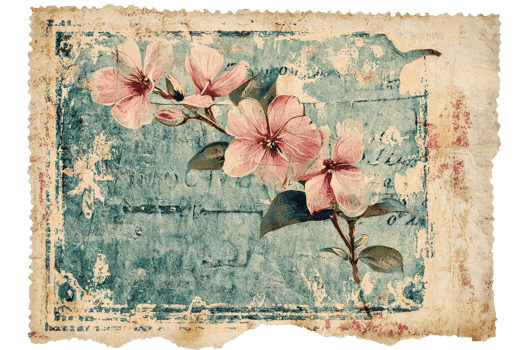 Vintage floral postcard with pastel pink blossoms on an aged background, evoking nostalgia and rustic charm. png
