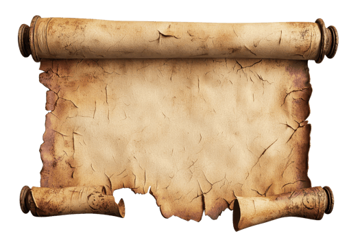 Vintage parchment scroll with intricate texture, perfect for historical or fantasy themed designs. Ideal for adding an ancient touch. png