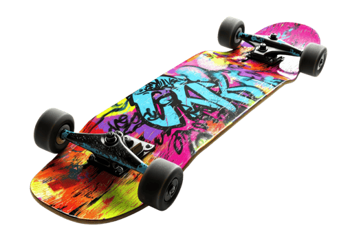 Vibrant skateboard with graffiti art design on deck. Bright colors and dynamic patterns ideal for street culture and sports enthusiasts. png