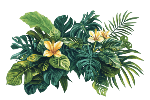Vibrant tropical foliage with lush green leaves and bright yellow flowers, creating an exotic, natural, and refreshing scene ideal for backgrounds. png