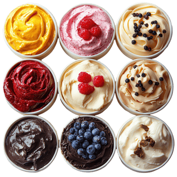 Colorful assortment of frozen desserts arranged in a grid pattern on a white background isolated on transparent background png