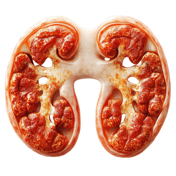 Detailed anatomical representation of human kidneys showing complex structures and tissues for educational purposes isolated on transparent background png