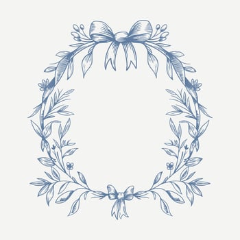 Botanical blue wedding frame wreath on white background. Hand drawn floral, flower, leaf branch in toile de jouy style. Line art for wedding, monogram, invitation, greeting, logo, birthday cards vector