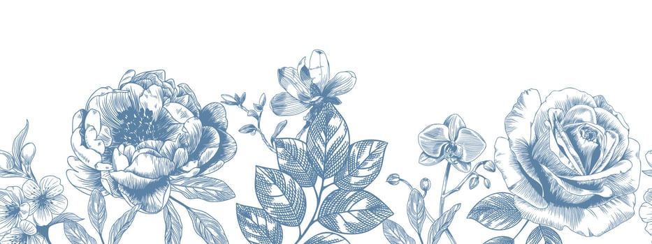 Botanical blue wedding seamless border with flower on white background. Hand drawn floral, flower and leaf branch in toile de jouy style. Line art for wedding invitation, greeting birthday cards vector