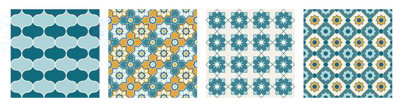 Set of Arabic geometric mosaic printable seamless pattern with abstract Moroccan print in blue and orange colors. Ramadan Kareem Traditional Islamic art Illustration background vector