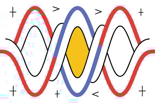 Abstract Waveforms Intertwined Red, Blue, Yellow Curves and Plus Signs vector