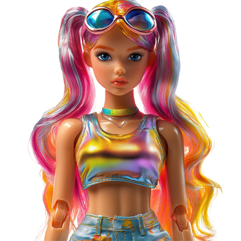 Colorful fashion doll with trendy outfit and vibrant hair displayed against a white background isolated on transparent background png
