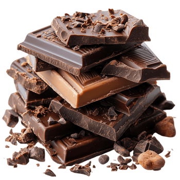 Assorted chocolate bars stacked on each other with cocoa pieces scattered around isolated on transparent background png