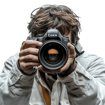 Portrait of a photographer capturing moments with a DSLR camera against a plain background isolated on transparent background png